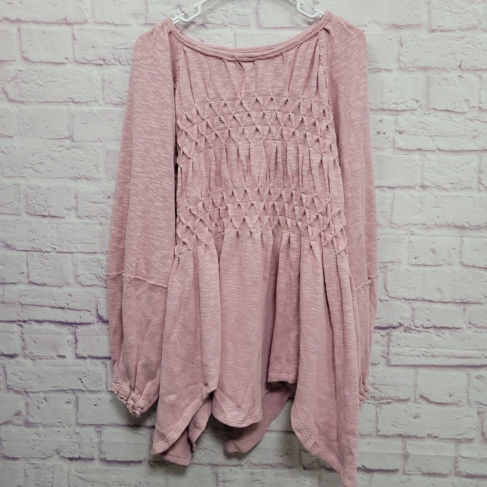 We The Free Pink Knit Smocked Tunic Sweater M/L Boho Cottagecore Peasant Flowy